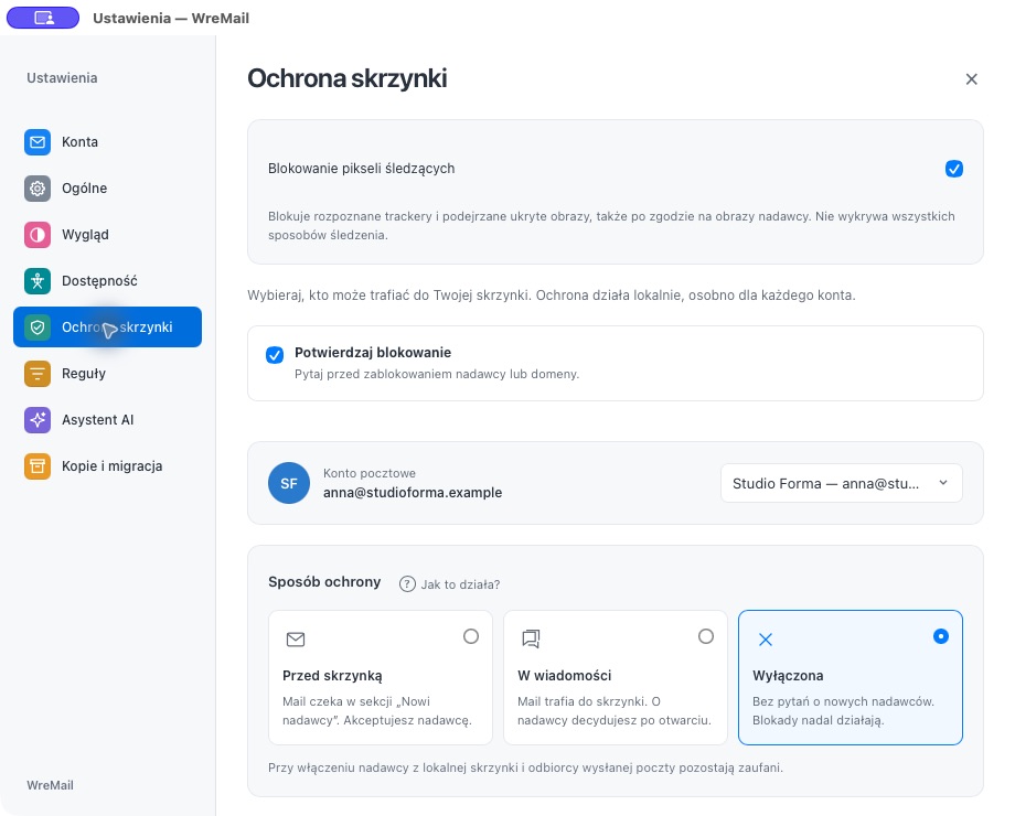 Ustawienia ochrony skrzynki: blokowanie pikseli śledzących i obsługa nowych nadawców
